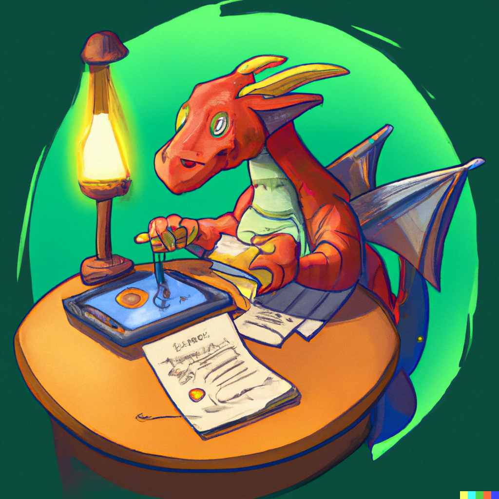 DALL·E 2022-07-13 00.08.44 – a dragon playing a dnd game digital illustration