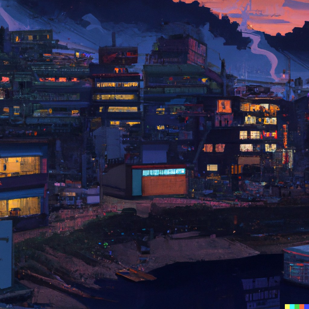 DALL·E 2022-07-14 20.38.02 – a small forgotten japanese cyberpunk village in the style of studio ghibli and bladerunner