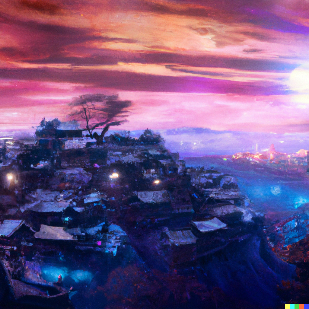 DALL·E 2022-07-14 20.39.09 – a sleepy old village nestled in rolling hills set in cyberpunk