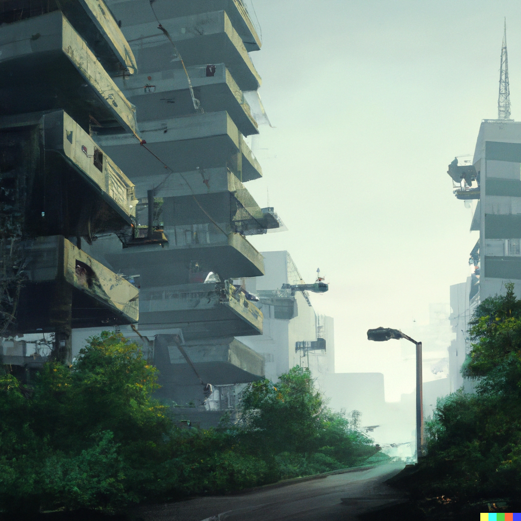 DALL·E 2022-07-14 20.41.32 – an destroyed city with decrepit skyscrapers and overgrown streets by simon stalenhag