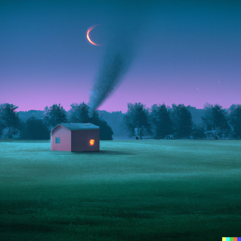 DALL·E 2022-07-14 20.50.41 – a serene landscape view of a meadow and a single cabin with smoking rising from itwith a crescent moon in the background and a pulsating neon light em