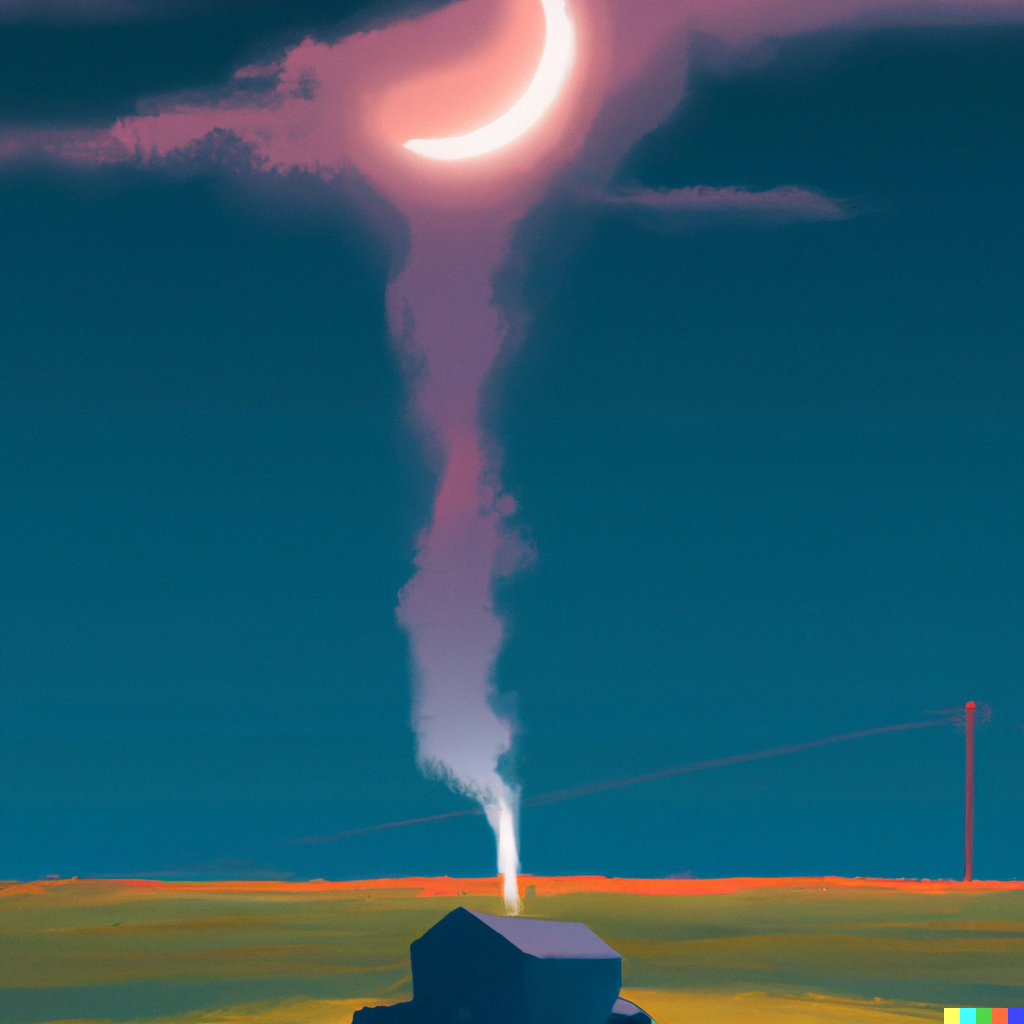 DALL·E 2022-07-14 20.50.47 – a serene landscape view of a meadow and a single cabin with smoking rising from itwith a crescent moon in the background and a pulsating neon light em