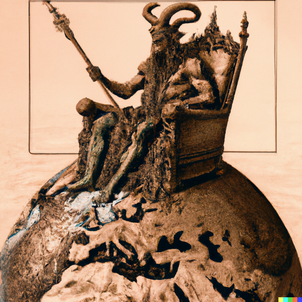 DALL·E 2022-07-14 21.21.48 – The Emperor sits on a ram-adorned throne, a symbol of Mars. He holds an ankh scepter in his right hand, and a globe, symbol of domination, in his lef