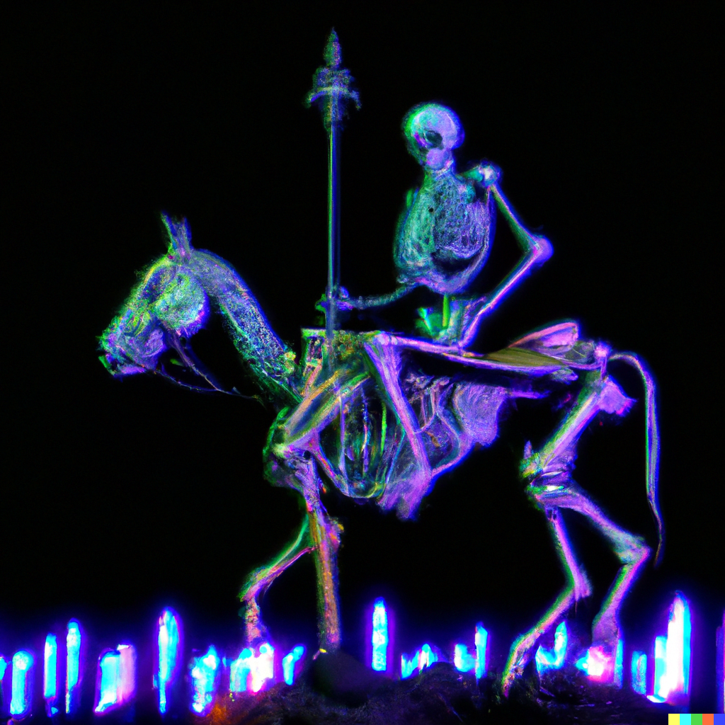 DALL·E 2022-07-14 21.39.31 – a skeleton, sometimes riding a horse but more often wielding a sickle. Surrounding it are undead kings, bishops and commoners and PAUL GUSTAVE DORÉ ne