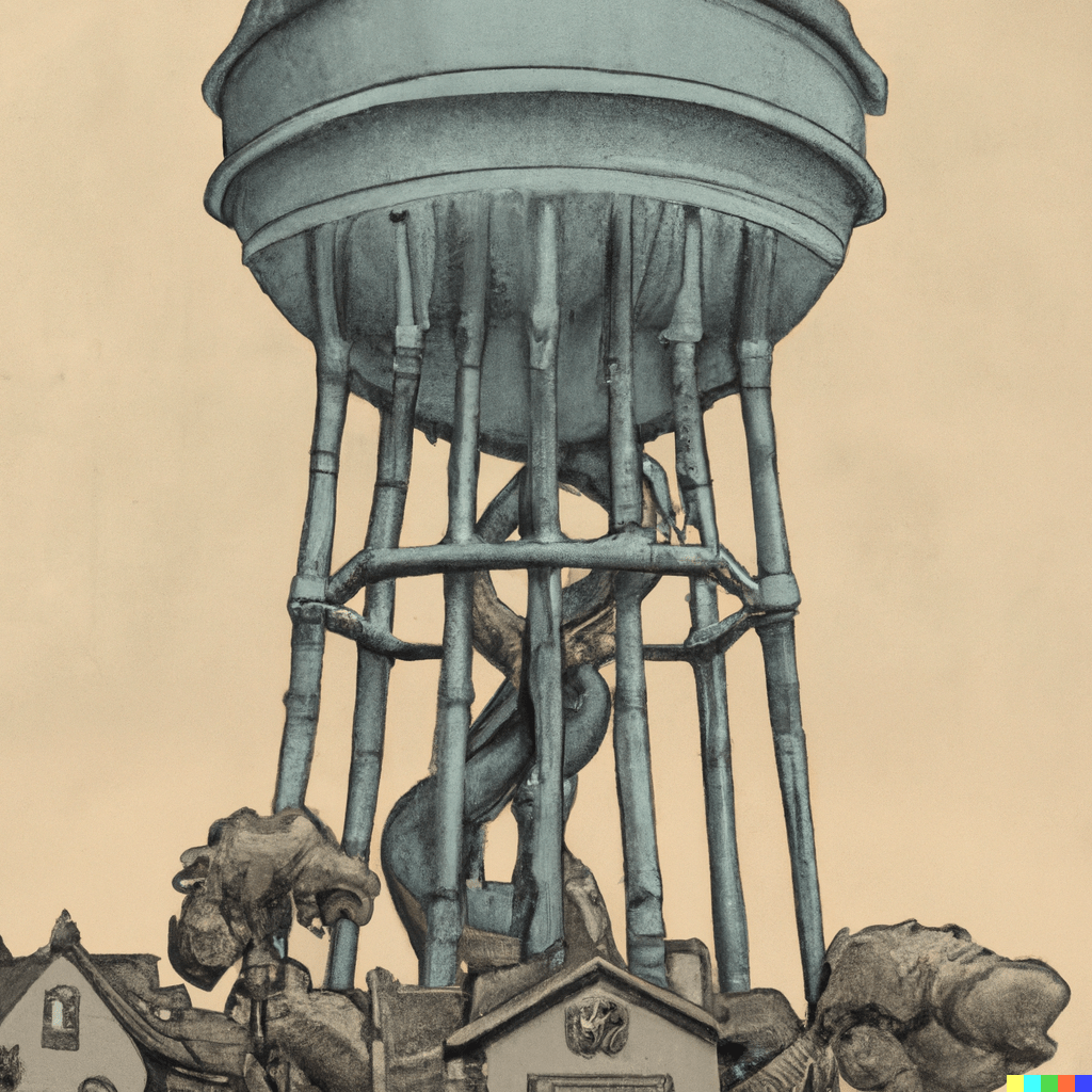 DALL·E 2022-07-14 21.50.16 – found footage of a water tower with tentacles for legs in the style of lovecraft paul gustave dore