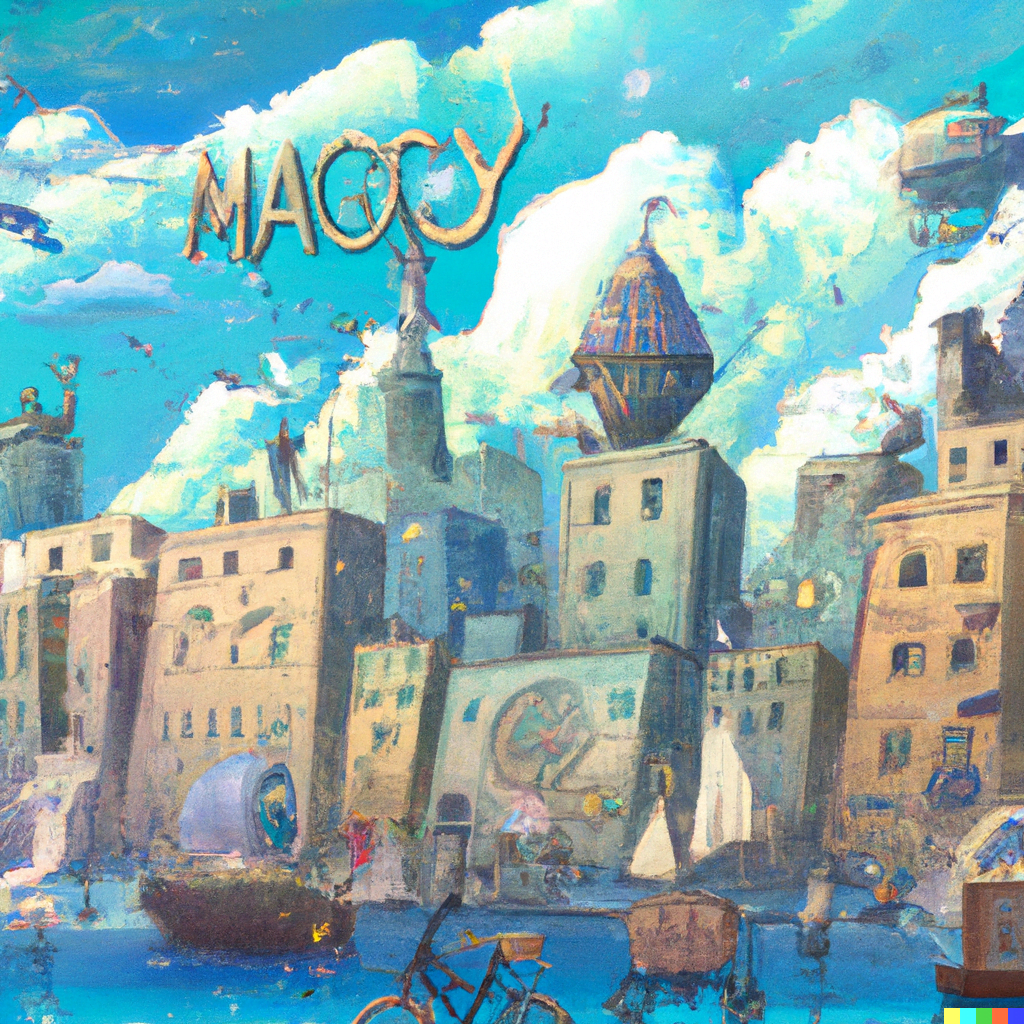 DALL·E 2022-07-14 21.55.21 – a digital illustration of a magical city by Hayao Miyazaki