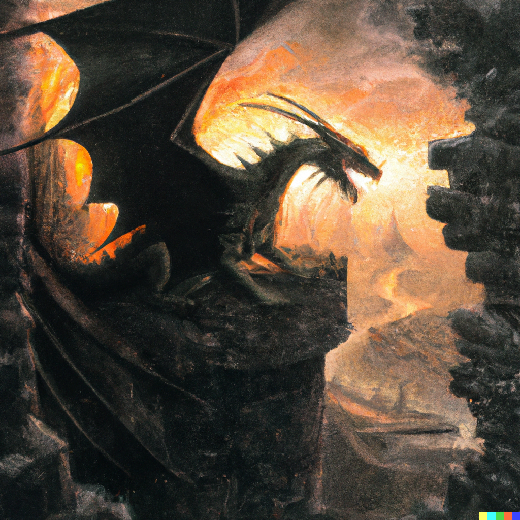 DALL·E 2022-07-14 23.03.40 – a dragon perched on the edge of minas morgul by John Howe