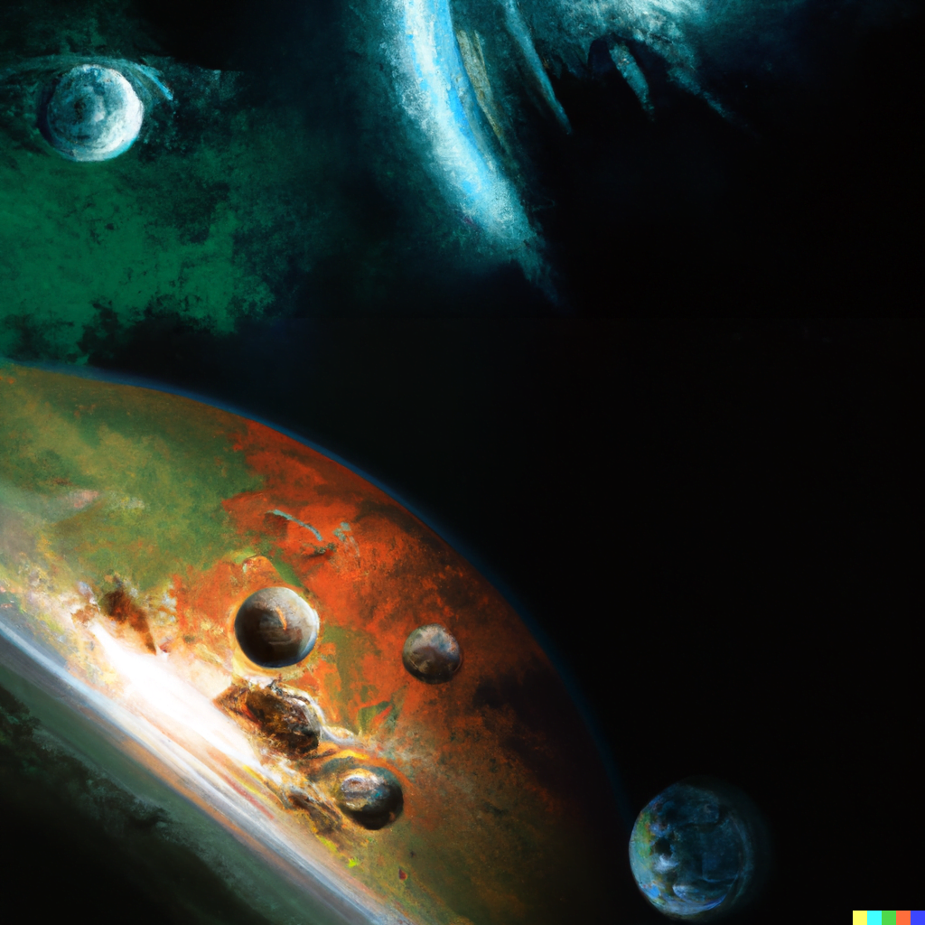 DALL·E 2022-07-16 00.32.02 – a planet exploding as scene from space Zdzisław Beksiński, Digital Art