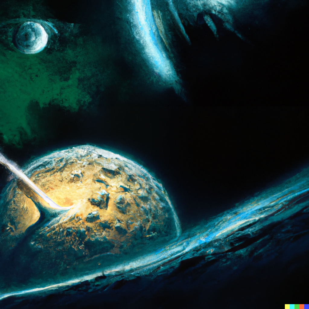 DALL·E 2022-07-16 00.32.07 – a planet exploding as scene from space Zdzisław Beksiński, Digital Art