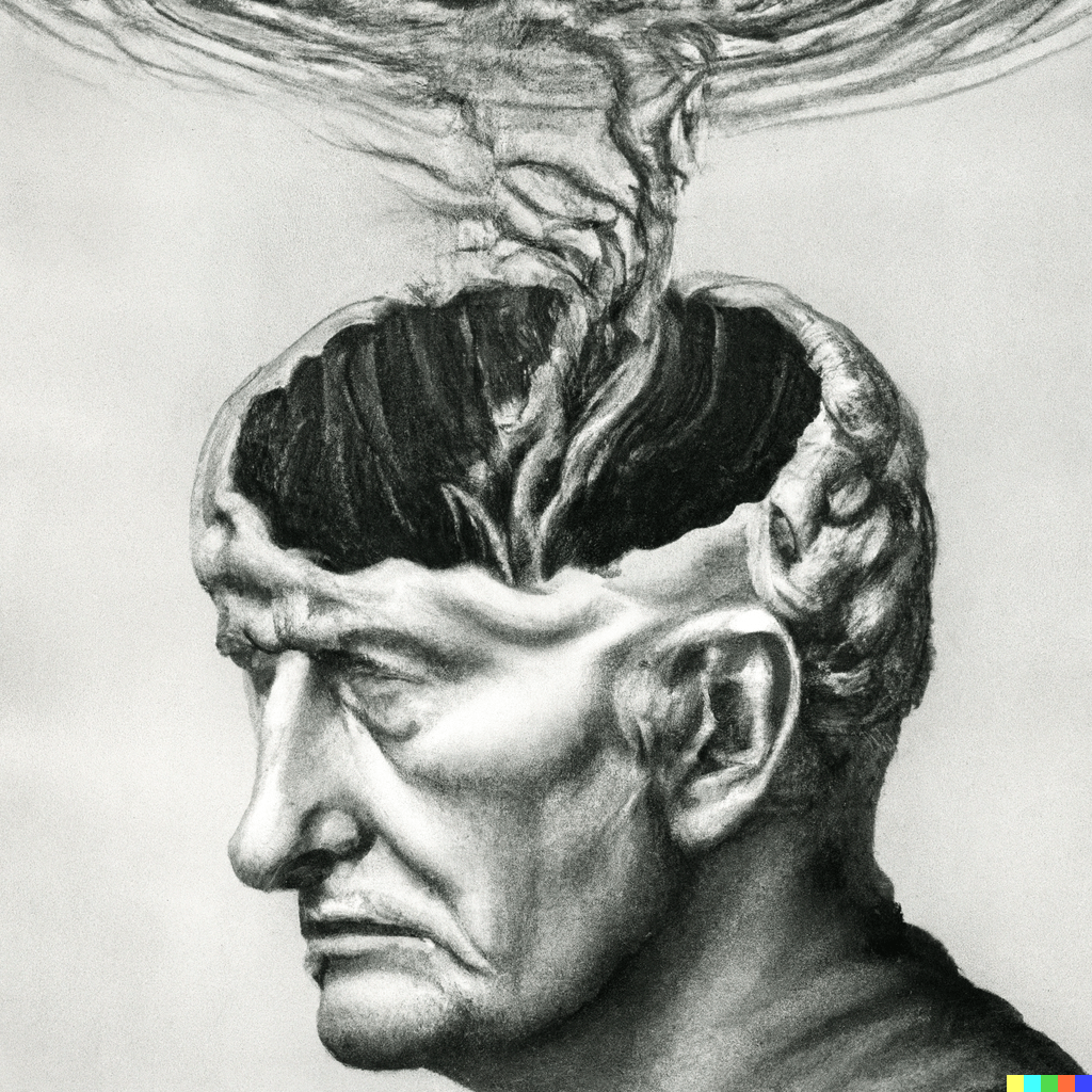 DALL·E 2022-07-16 01.04.18 – a man with a lovecraftian brain melting out of head by Zdzisław Beksiński