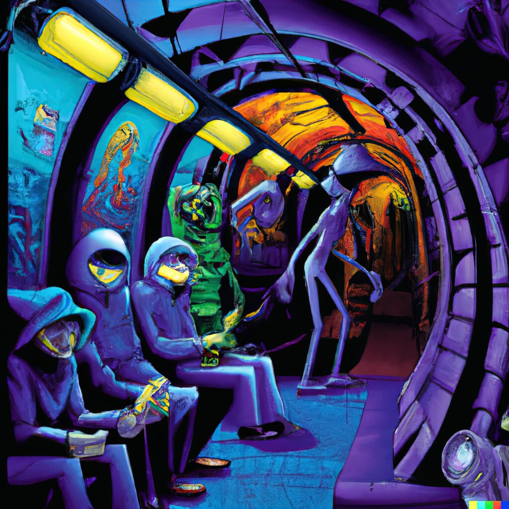 DALL·E 2022-07-17 15.09.58 – a subway filled with fantastic humanoid monsters by Tony Sart-art-scale-6_00x-gigapixel