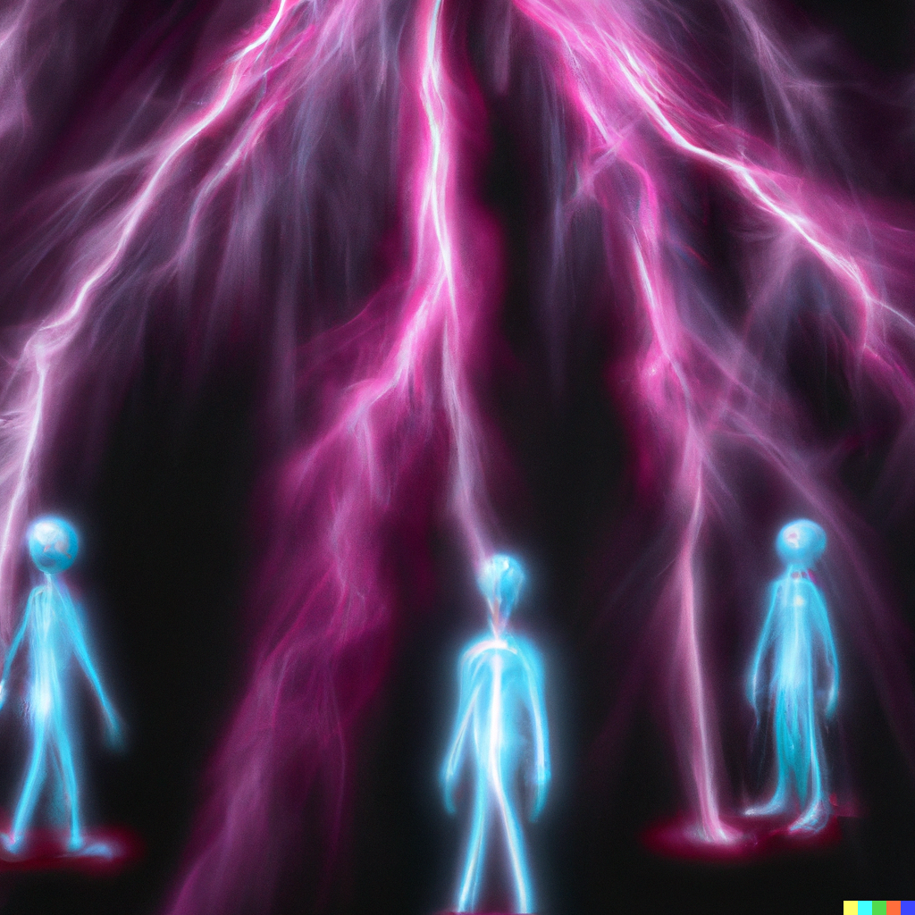 DALL·E 2022-07-24 20.49.54 – electric plasma rain falling on invisible people with illuminated nervous systems by Wojciech-Siudmak