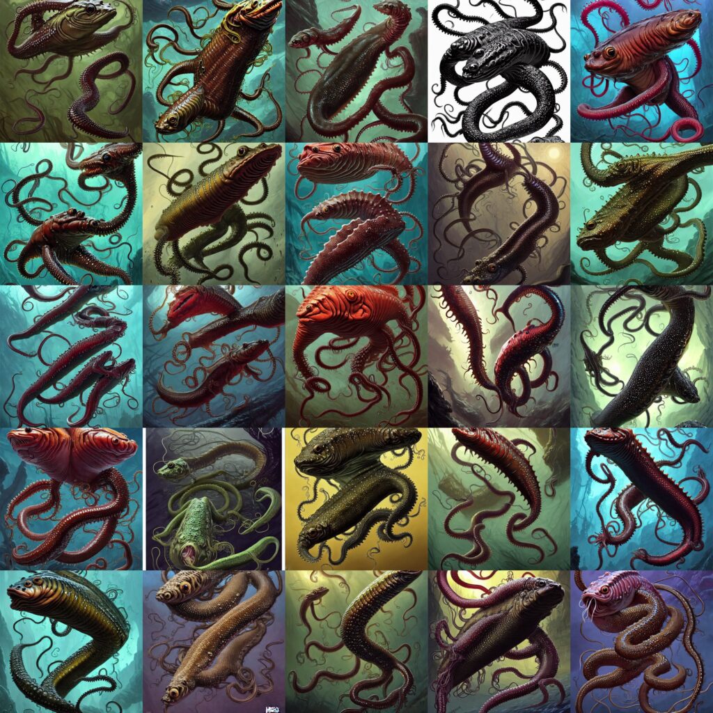 grid-00011-2825720535_fish-like_amphibians_of_immense_size_resembling_a_bizarre_eel,_mouth_is_lamprey-like,_Tendrils_and_a_few_shorter_tentacles_dangl