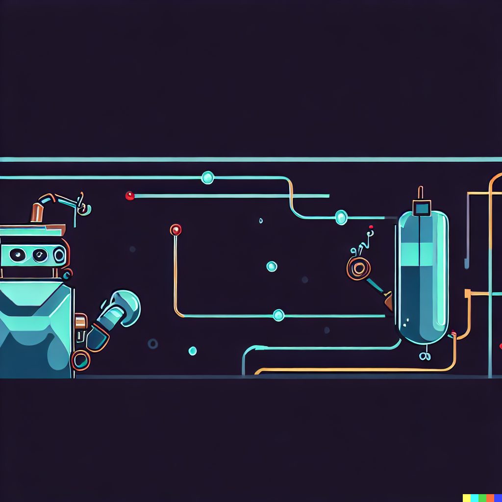 DALL·E 2023-06-26 11.51.47 – a 2d vector header image, simple, with robot and multivac tube connotations, dark background