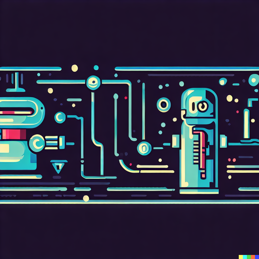 DALL·E 2023-06-26 11.51.50 – a 2d vector header image, simple, with robot and multivac tube connotations, dark background