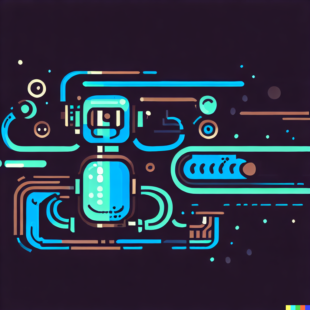 DALL·E 2023-06-26 11.51.52 – a 2d vector header image, simple, with robot and multivac tube connotations, dark background